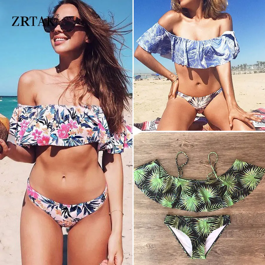 Zrtak Ruffle Bikini Bandeau estampado Bandage Swimsuit mujeres fuera del hombro traje de baño femenino espalda descubierta ropa de playa Bikini brasileño conjunto Zrtak Ruffle Bikini Bandeau estampado Bandage Swimsuit mujeres fuera del hombro traje de baño femenino espalda descubierta ropa de playa Bikini brasileño conjunto