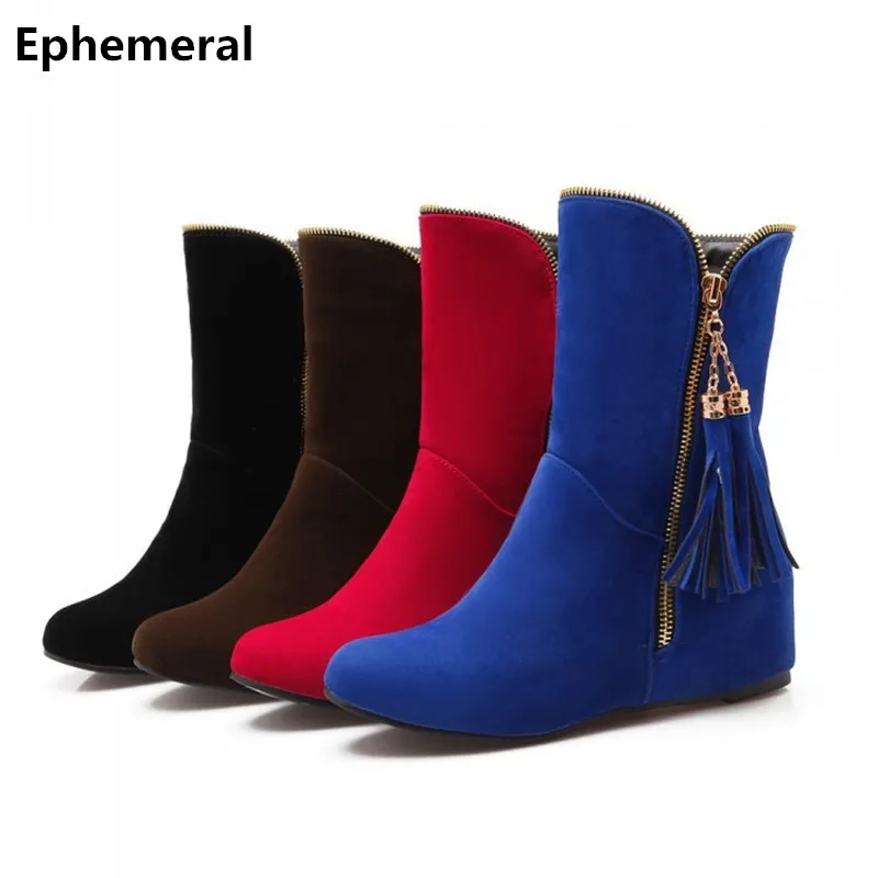 

Ladies big size 34-50 autumn fur warm boots round toe High increasing heels botas fringe fashion women shoes brown black blue