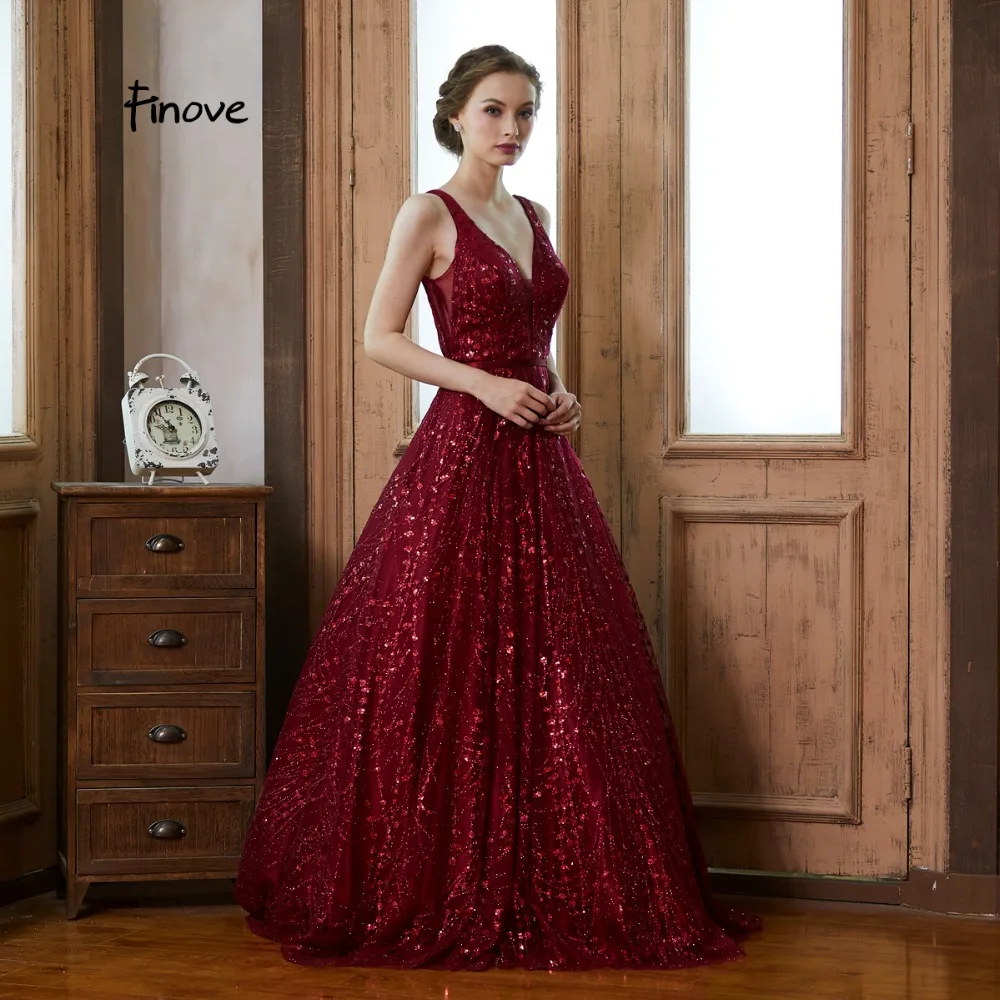 Finove, вечернее платье, длинное,, Robe de soiree, винно-красное, светоотражающее платье, расшитое блестками, сексуальное, v-образный вырез, ТРАПЕЦИЕВИДНОЕ, официальное, для вечеринки, женское платье