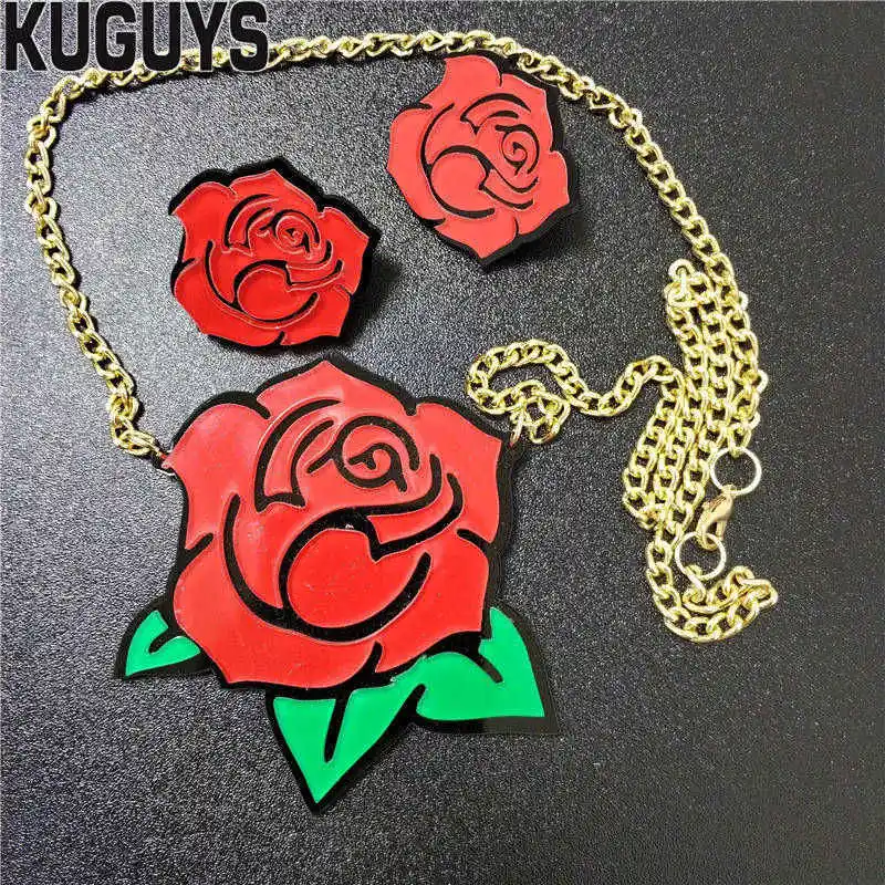 

KUGUYS Trendy Jewelry Sets Fashion Flower Earrings for Women Vintage Red Rose Sexy Pendant Necklaces
