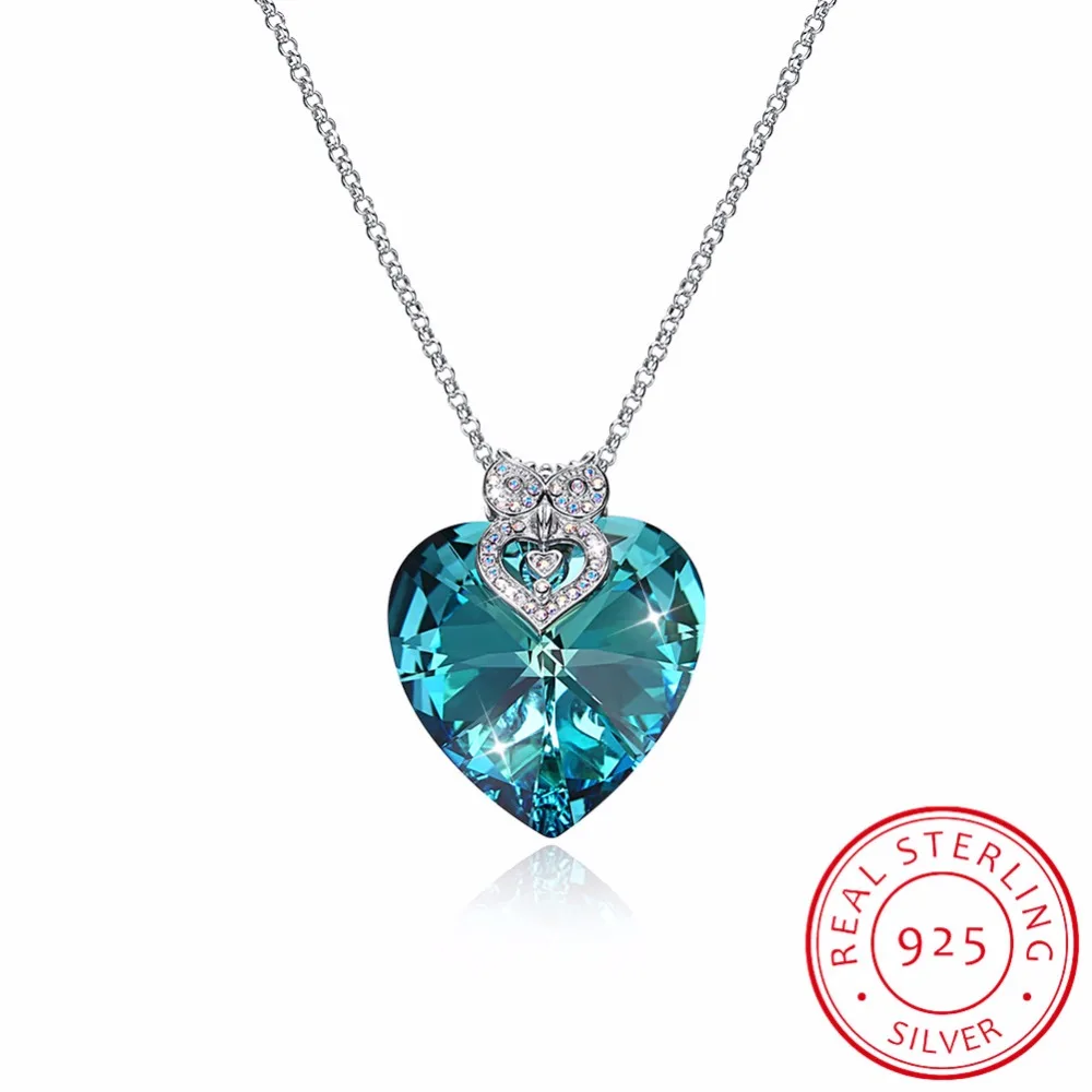 

Crystal from Swarovski Sweater Necklace Long Chain Fine Jewelry for Women Pendant Blue Rhinestone Luxury Set Heart Statement