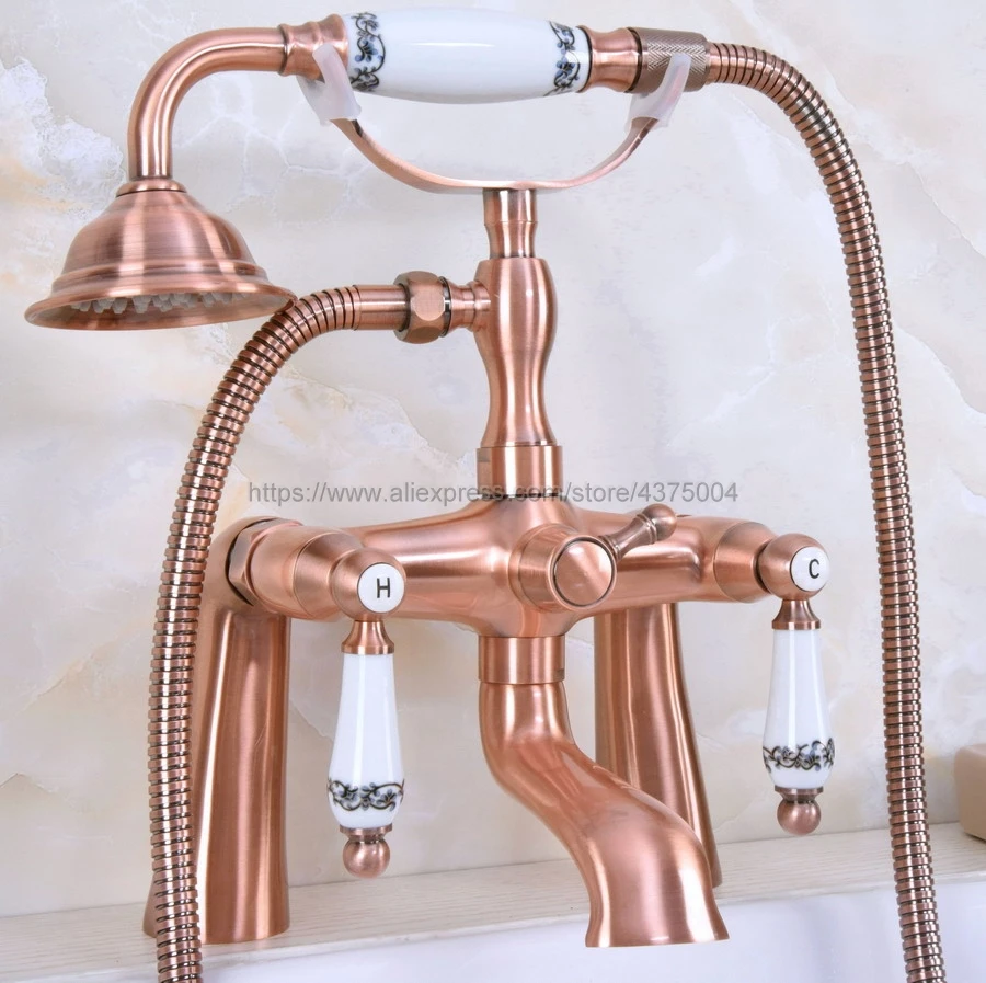 Antique Red Copper Deck Mounted Telephone Shape Spout Bathtub Mixer Tap Dual Handles with hand shower faucets Nna176
