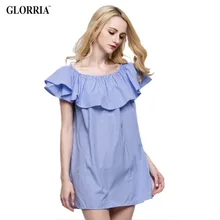 Glorria Women Loose Design White Blue Striped Off the Shoulder Ruffled Mini Dress Casual Fashion Sexy Dresses