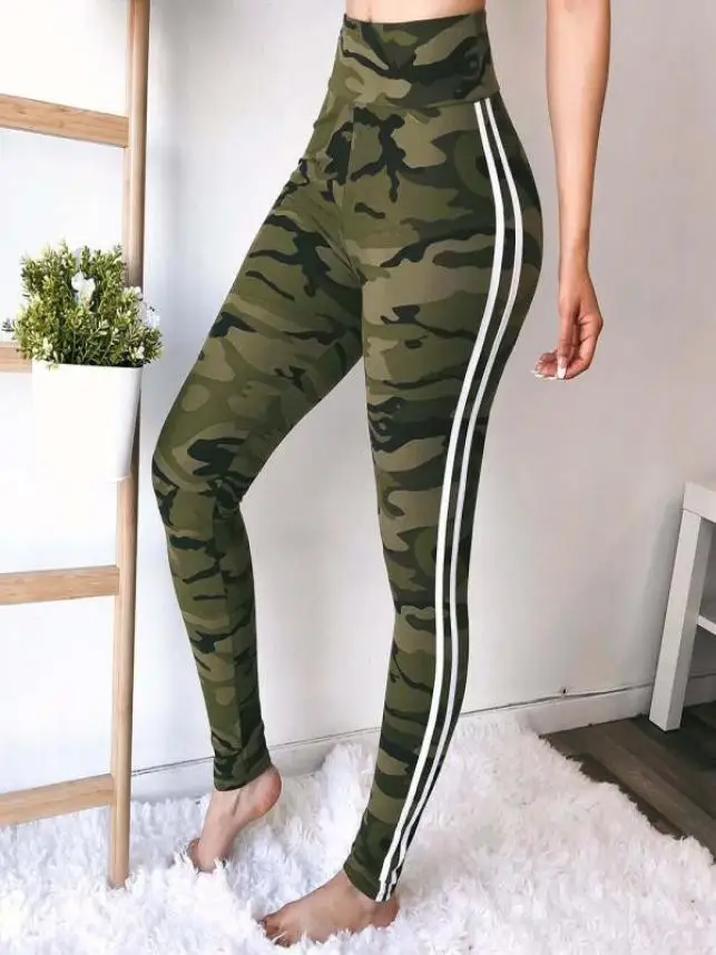 

High Waist Seamless Yoga Pants Womens Mid Waist Camouflage Striped Trousers Ladies Drawstring Pants Academia Feminina