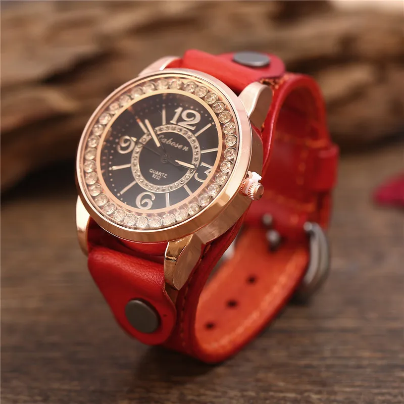 

Rose Gold Color Ladies Watches Red Leather Rhinestone Unique Casual Female Wristwatch Business Lady Clock Relojes De Mujer