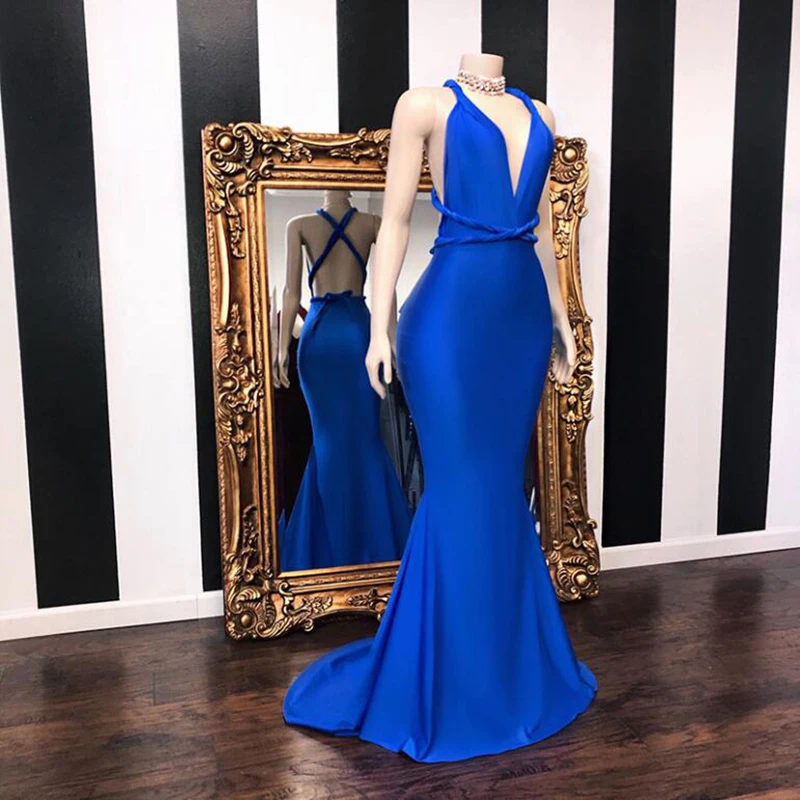 

Sexy Royal Blue Mermaid Prom Dresses Long 2020 Real Sample Deep V-neck Straps Backless Stretch Satin Prom Dress