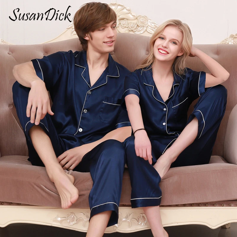 SusanDick Luxury Couple Pajama Set Silk Short Sleeve Soft Chinese Silk