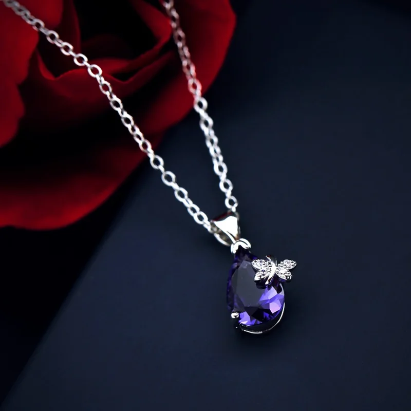 OMHXZJ, индивидуальная мода, OL, женская фиолетовая бабочка, циркон, 925 пробы, серебряные серьги+ ожерелье, ювелирный набор SE12 - Цвет камня: necklace