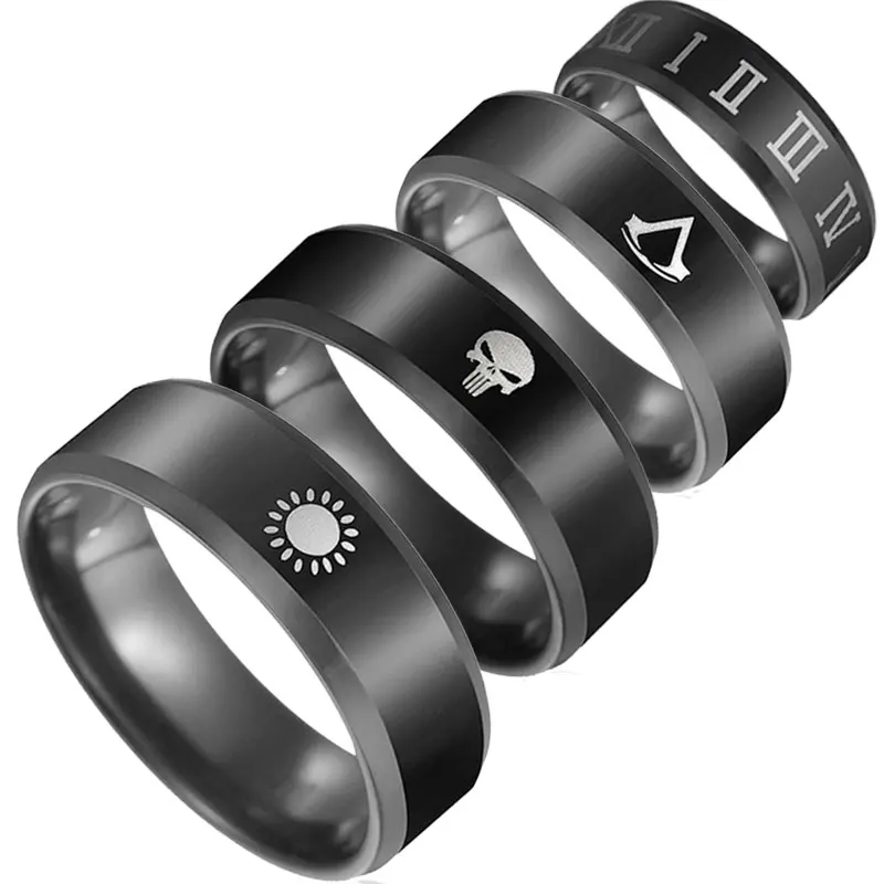

charm punk men skull moon male mood finger wolf assassins creed star cross vintage ring black stainless steel rings accessories