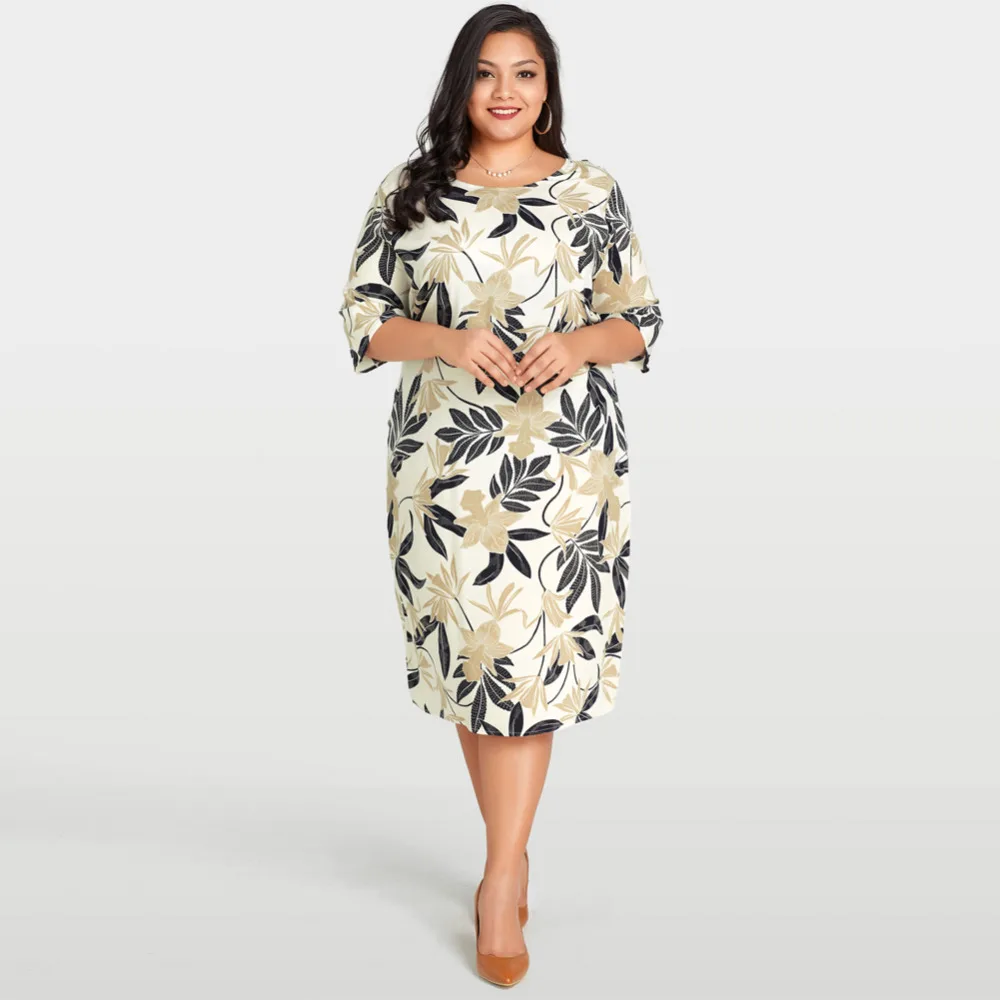 Women XXXL Plus Size Boho Dress Leaves Floral Print Midi Dress Half ...