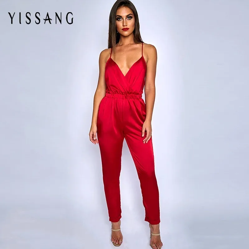 Yissang womens Satin jumpsuit 2019 Adjustable Straps Sexy Long Jumpsuit ...
