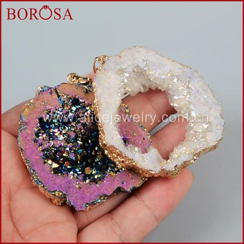 

BOROSA Gold Color Freeform Rainbow Titanium Geode Crystal Quartz Slice Drusy Pendant Bead Drusy Jewelry Gems for Women G1092