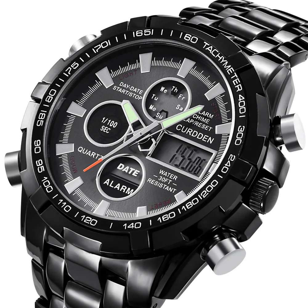watches men Stainless Steel Sport Watch Dual Display Digital LED relogio masculino Quartz Wristwatches Business reloj saat