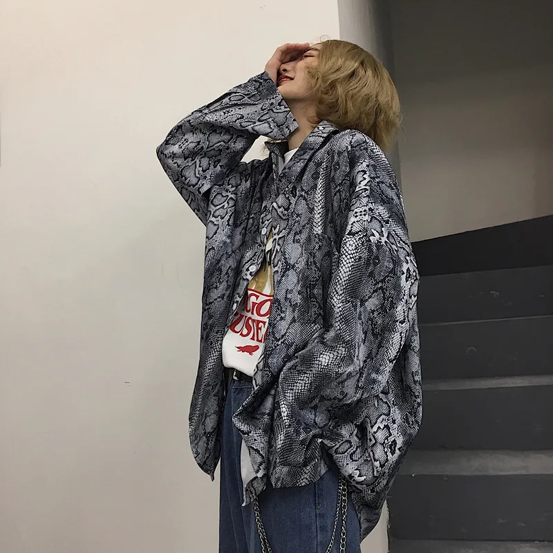 

Men Women Spring Autumn Fashion Korea Style Vintage Dark Python Pattern Print Long Sleeve Shirt Male Lover Casual Oversize Shirt