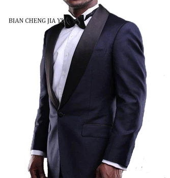 

Fashion Bespoke Men's Suits Jacket+Pants 2019 Slim Fit Navy Solid Mens Suits Wedding Party Shawl lapel One button Men suits