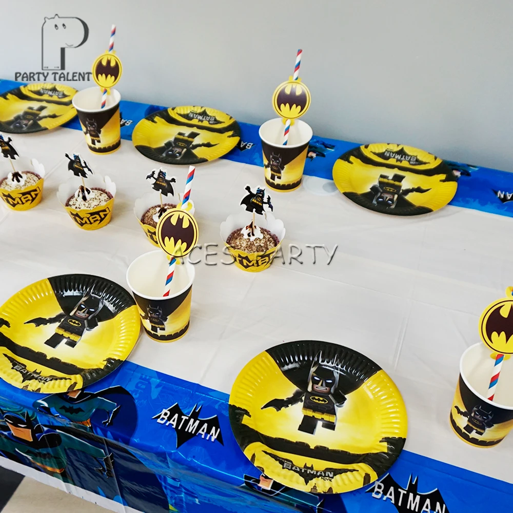 62 шт. для 12 детей супер герой Бэтмен тематическая вечеринка на день рождения комплект посуды, тарелка+ соломинка+ стекло+ планшет+ баннер и т. Д