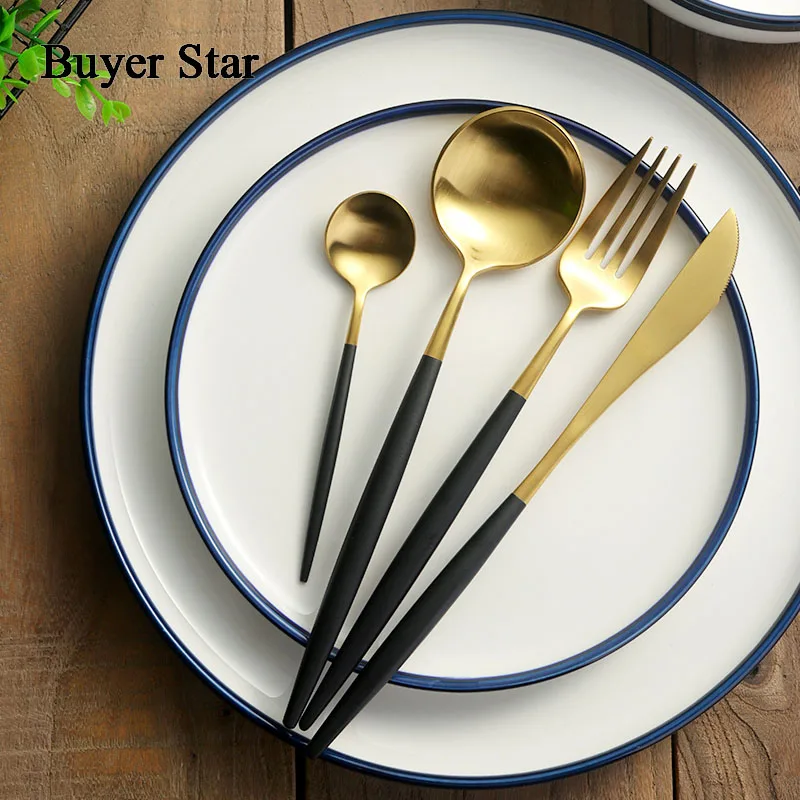 

Buyer Star 40-Piece Stainless Steel Flatware Set for Home Kitchen Restaurant Hotel Matte Cutipol Gold Cutlery Set Service for 8