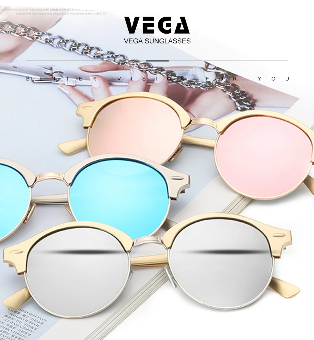 VEGA Eyewear Circle Vintage Sunglasses Polarized Women Semi-Rimless Ladies Designer Sunglass Hipster Glasses Aluminium 185  (1)