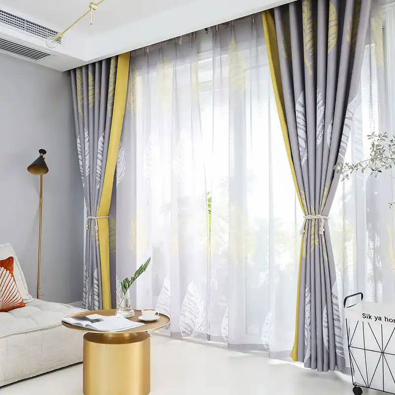 cortinas para sala de estar y dormitorio grandes hojas azules amarillas grises cortinas patchwork cortina tratamiento ventana cortinas