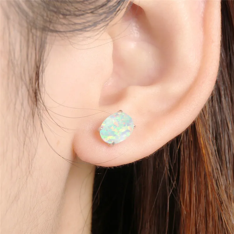 

2018 Fashion Fire Opal Earrings 6*8mm Natural Round Big Opal Stone Stud Earring for Women Anti allergic Ear Piercing Jewelry Z3