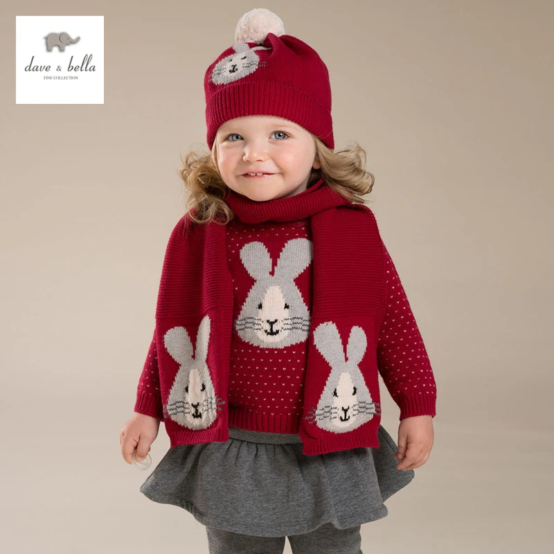 DB3976 dave bella/осенний жаккардовый хлопковый шерстяной свитер красного цвета с кроликом для маленьких девочек