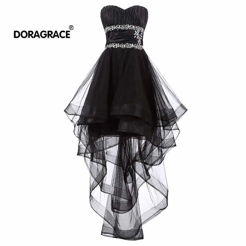 

Doragrace New Fashion Asymmetrical Beaded Black Tulle Short Cocktail Party Dress Plus Size vestidos de 15 anos