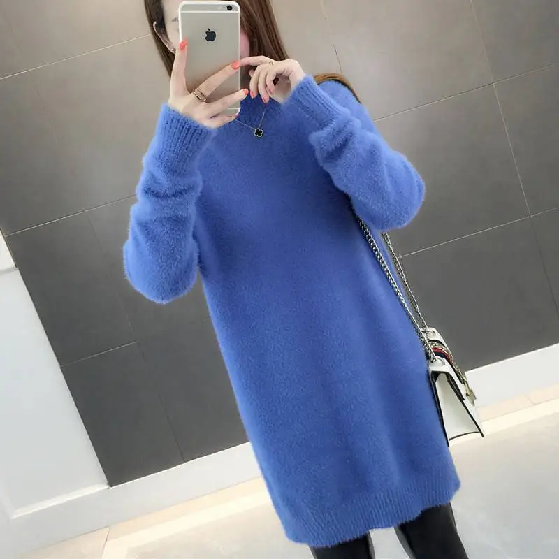 

2019 New Autumn Winter Women Thick Warm Faux Mink Loose Knitted Dress Vestidos FemaleTricot Pullover Knitwear Sweater Mujer K30