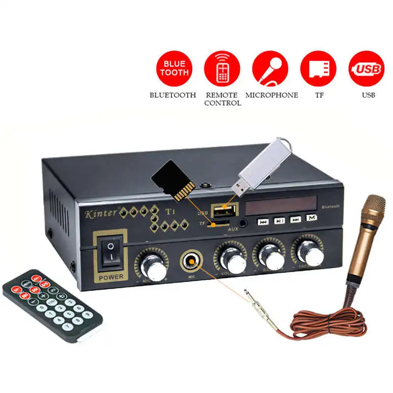 Для Bluetooth T1 2.0CH усилитель мощности аудио с микрофоном/USB/TF/FM/AUX Play стереозвук