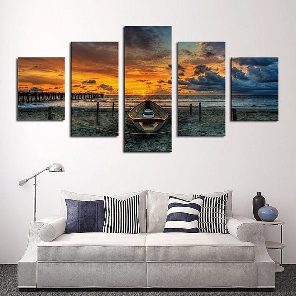 Modular Vintage Art Canvas Wall 5 Panel Seascape And Boat Home Decor Print Painting Tableau Picture For Living Room Poster | Дом и сад