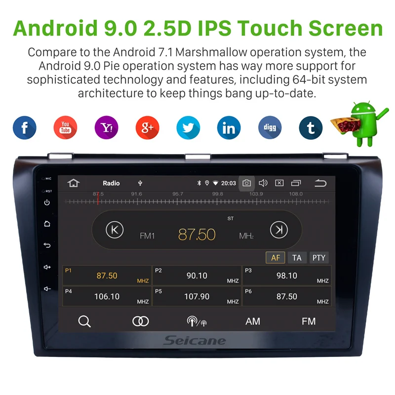 Excellent Seicane Car Multimedia player 1 Din For 2004 2005 2006 2007 2008 2009 Mazda 3 9 inch Android 9.0 8-Core 4GB RAM GPS Navigation 2