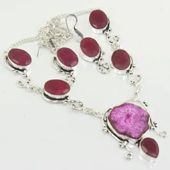 

Rubys & Solar Quarts Necklace + Earing Silver Overlay over Copper, 49cm , N3145