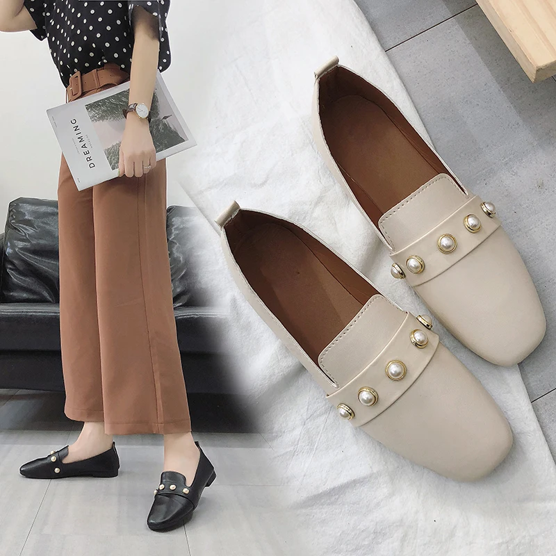 

Spring Autumn Women Loafers Bead Slip on Flat Shoes Square Toe Woman Flats Bead Loafer Casual Shoes Low Heels Ladies Shoes 6727