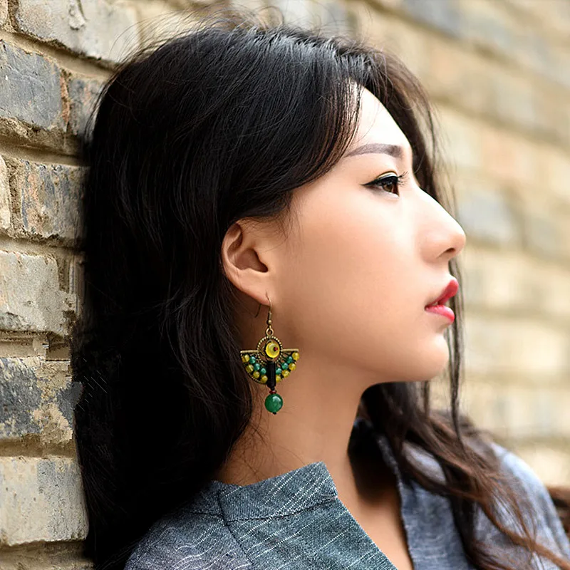 Yanting Ethnic Earrings Natural Colorful Stone Earings Fashion Jewelry Vintage Peacock Feather Handmade Earrings For Women 005 (2)