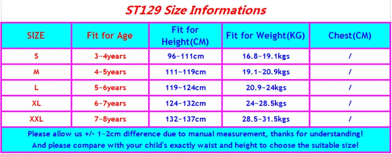 ST129 size chart