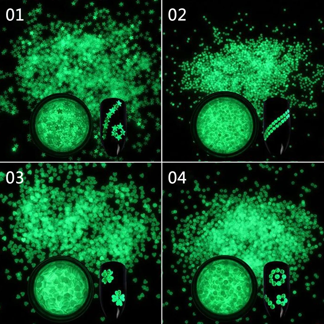 1 коробка ультра-тонкие светящиеся круглые Блестки для нейл Арта(искусство украшения ногтей) флуоресцентные Сердце Звезда 1 мм 3 мм ногтей блеск хлопья порошок блеск в темноте