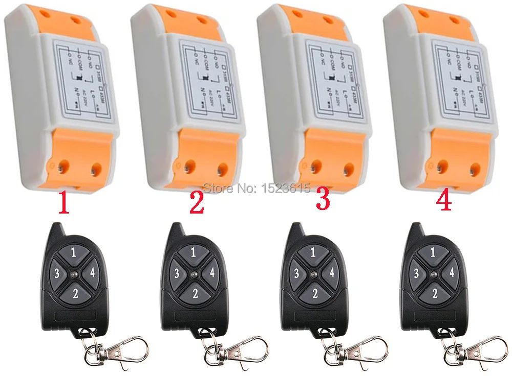 

AC220V 1CH 10A RF Wireless Remote Control Switch System 433 MHZ 4 transmitter & 4 receiver relay Receiver Smart Home Switch