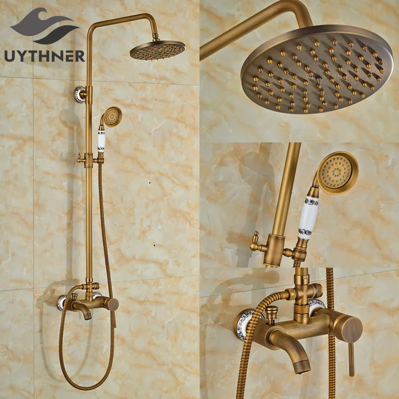 Newly Bathroom Shower Set Faucet w/ Hand Shower Antique Brass 8Inch Rain Shower Mixer Faucet Single Handle