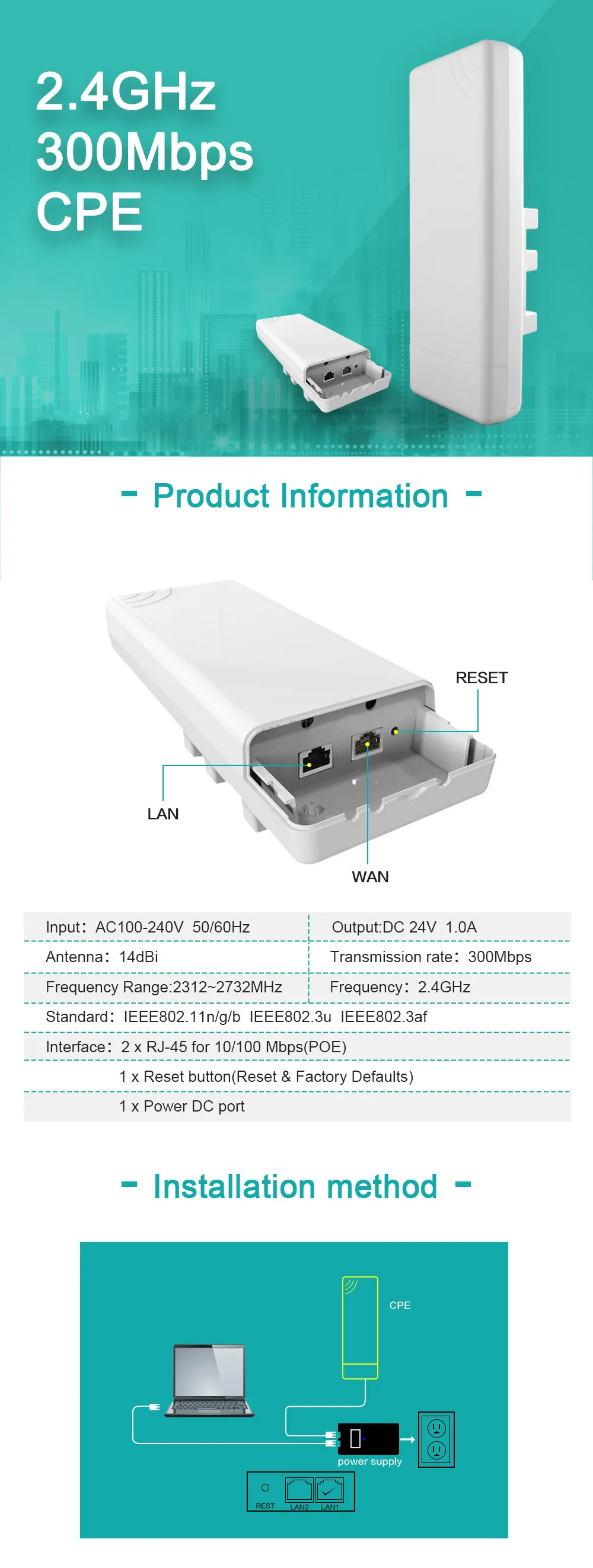 9344 чипсет wifi маршрутизатор wifi repetidor gama larga 300 Мбит/с 2,4 маршрутизатор AP al aire libre CPE AP puente маршрутизатор cliente