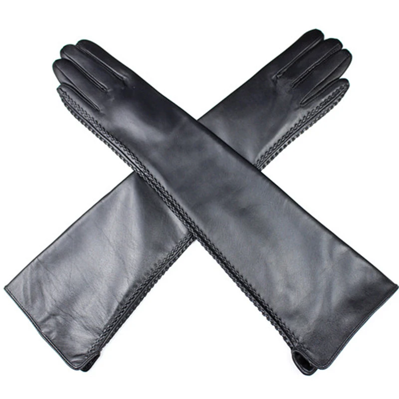 New Ms fashion long 48cm black genuine leather gloves women sheepskin solid adult mittens 