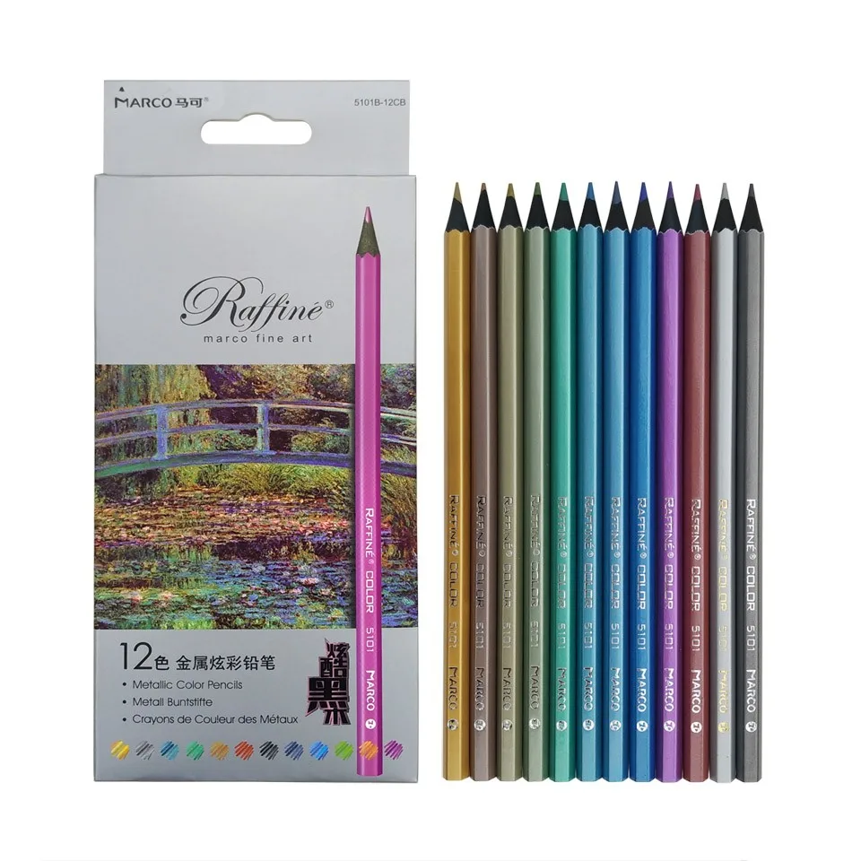 Marco Raffine Artist Color Pencils lapis de cor profissional 12pcs Black Wood Metallic Colored Pencils-3