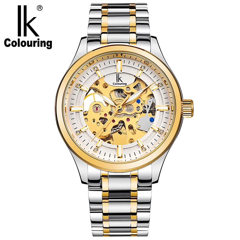 

IK Colouring Luxury Men's Gold Black Hollow Skeleton Retro Stainless Steel Watch Automatic Mechanical Waterproof Clock Gift