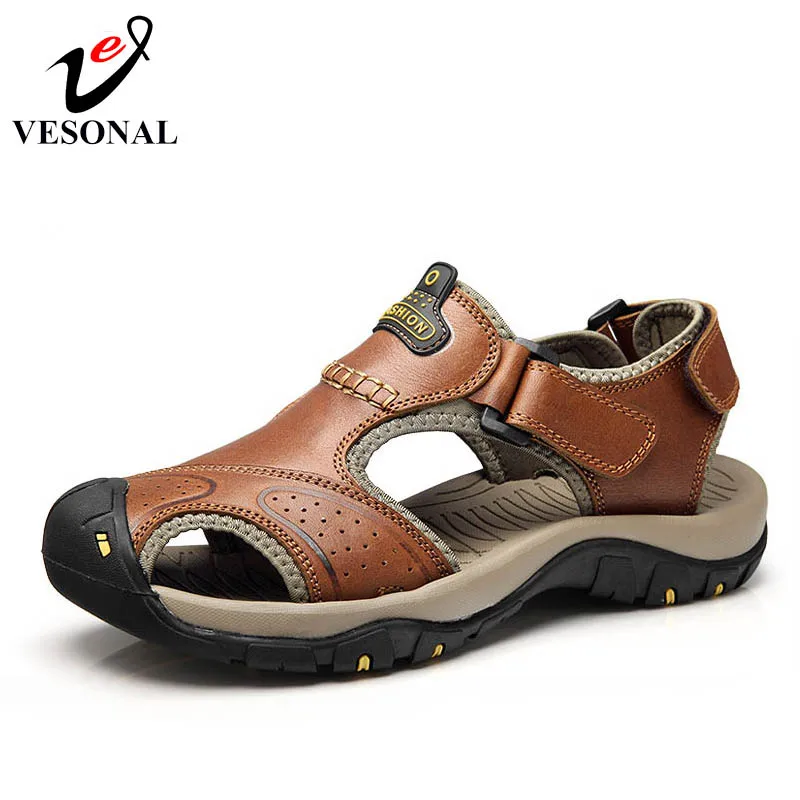 VESONAL Brand Genuine Leather Summer Soft Male Sandals Shoes For Men ...