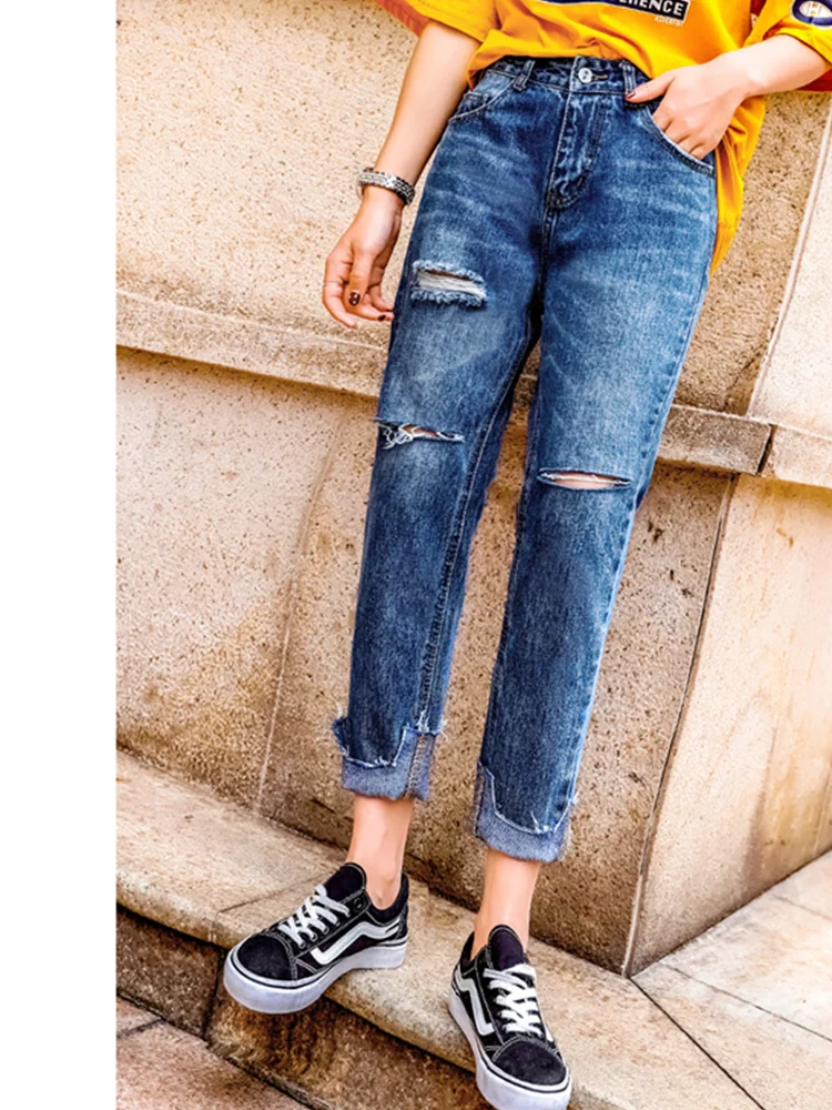 

JUJULAND New 2019 Jeans Women Denim Pants Holes Destroyed Knee Harem Pants Casual Trousers Stretch Ripped Jeans 6021