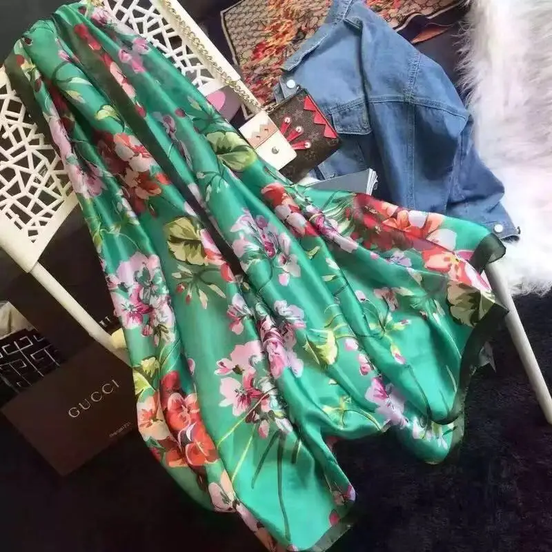 Шелковый шарф, атласный Шелковый принт, длинное полотенце, Подарочная шаль весной, летом и осенью 90*180 см 68090 - Цвет: green