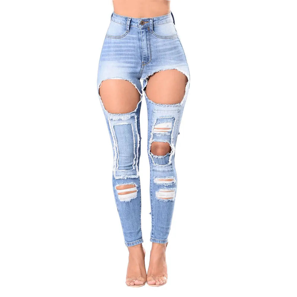 

Bleach Wash Ripped Skinny Boyfriend Jeans for Women Blue Mid Waist Skinny Long Pants 2018 Torn Stretchy Jeans
