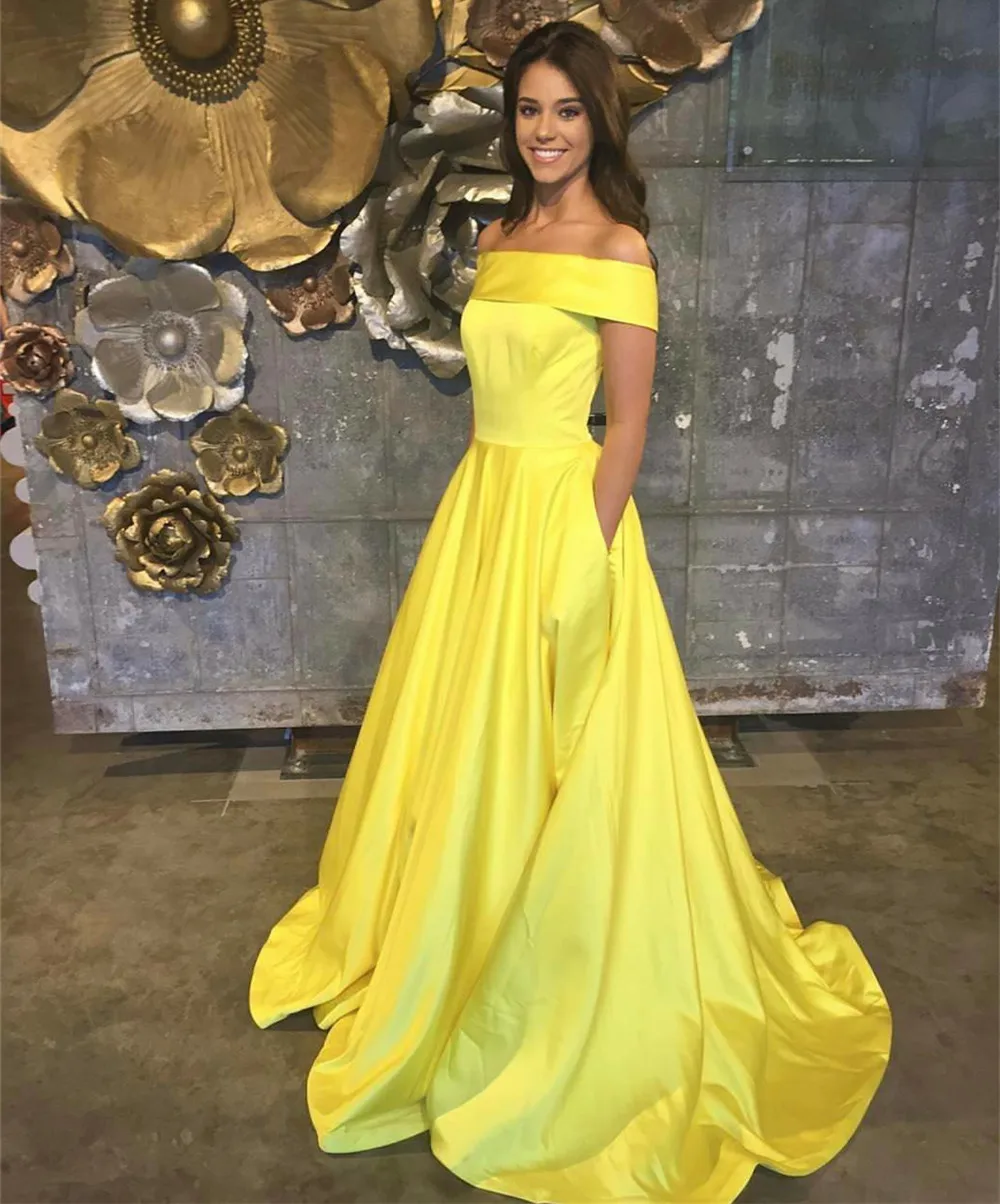 

2019 New Yellow Satin Long Maid Of Honor Dress Boat Neck Off The Shoulder A Line Cheap Elegant Bridesmaid Dresses Custom Made