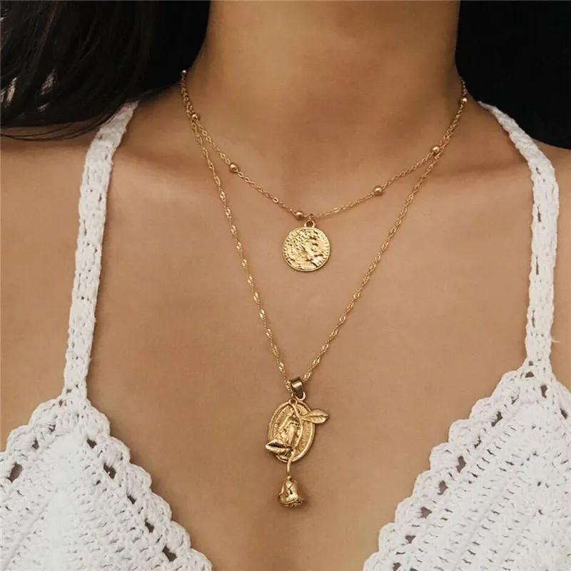 Женское ожерелье с подвеской в виде Розы Boho винтажное длинной цепочкой золотого