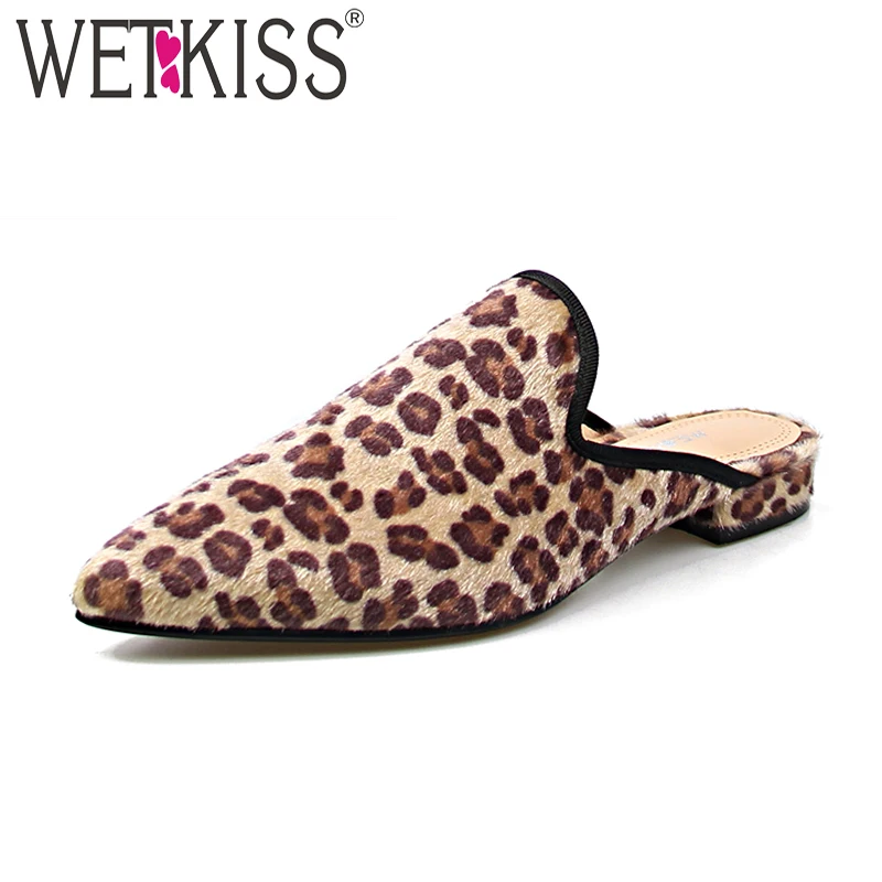 

WETKISS Sexy Leopard Slippers Fashion Casual 2019 New Slides Shoes Low Heels Mules Shoes Female Pointed Toe Shoes Ladies Summer