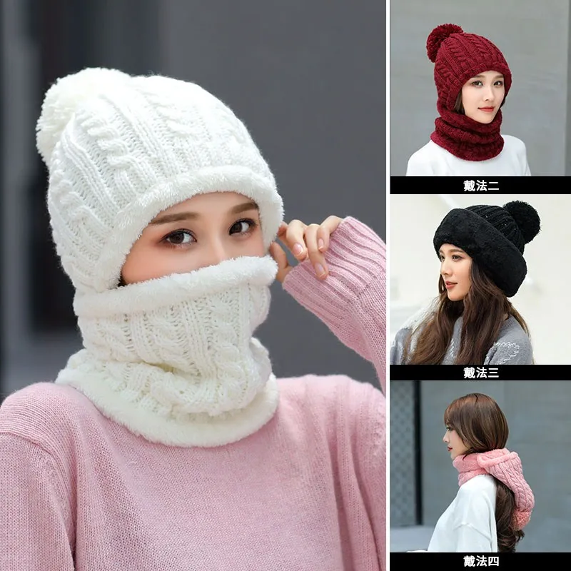 Модные зимние женские шапки, вязаные шерстяные теплые шапки, толстый ветронепроницаемый подшлемник, многофункциональная шапка, шарф, набор для женщин