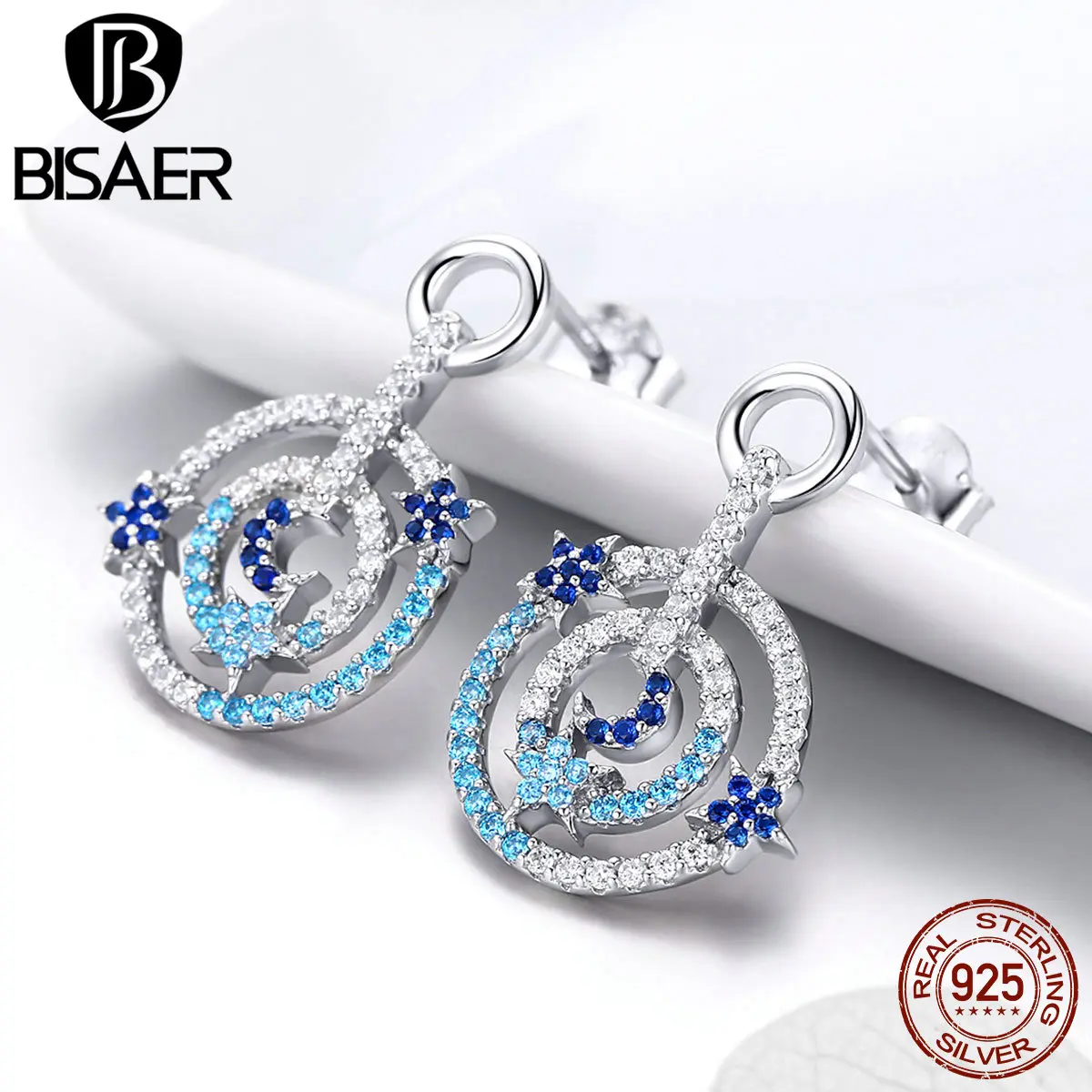 

BISAER Authentic 925 Sterling Silver Simple Round Circle Stud Earrings Women Luxury Cubic Zircon Dubai Wedding Jewelry EFE048